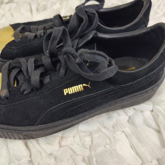 Puma Basket Low Top Shoes Womens Size 8.5 Black Suede Gold Metallic Toe Cap - Picture 4 of 14